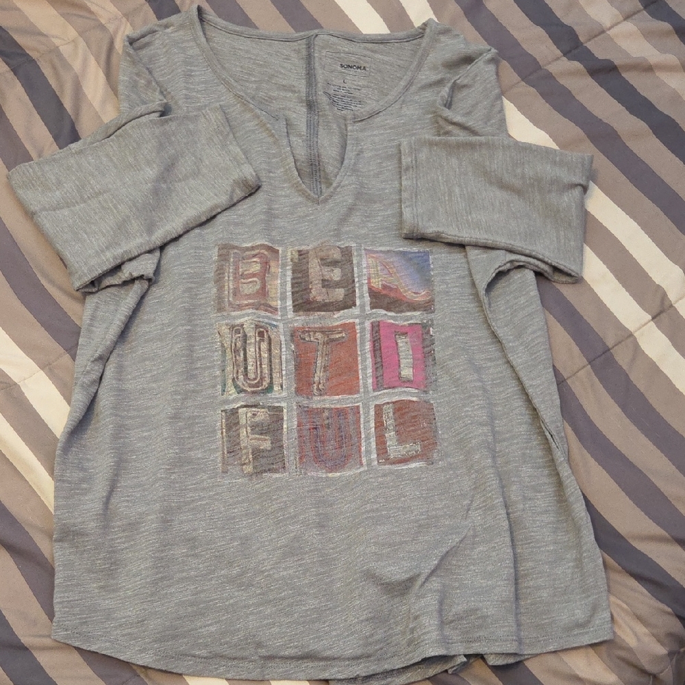Sonoma Heather Gray Top With "Beautiful" Logo On Front